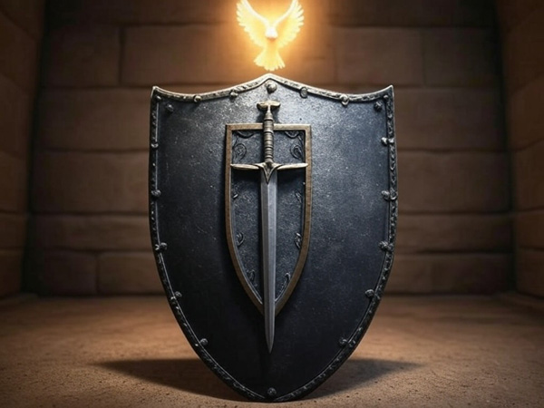 Artistic rendering of a dove, shield and sword